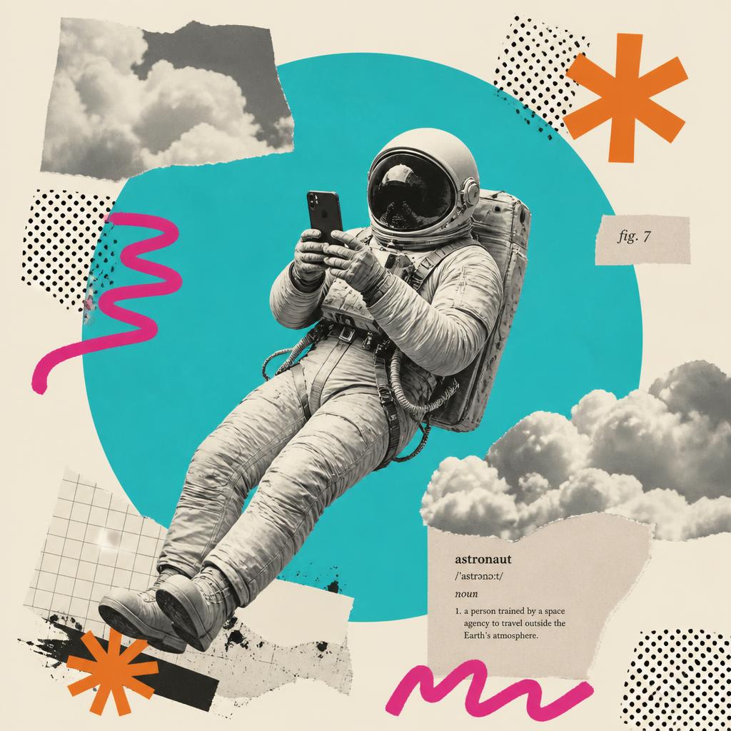 Colagem — astronauta usando smartphone